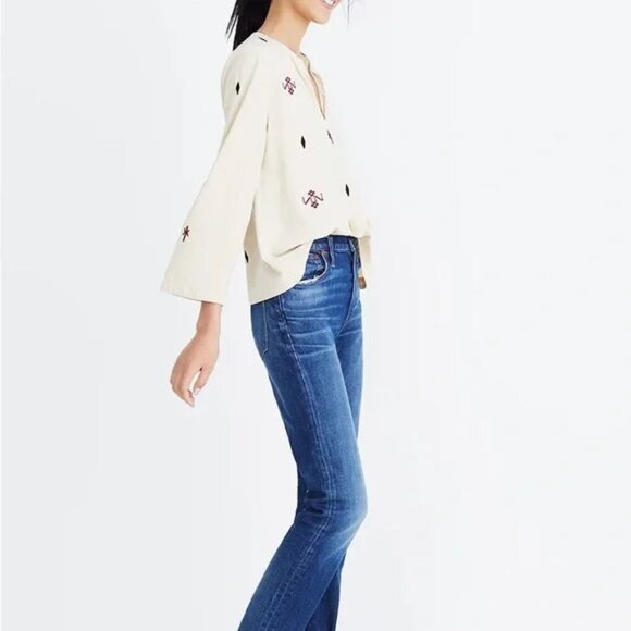 Madewell Embroidered Fringe Top Pom Pom Boho 100% Silk Cream - S - Picture 13 of 14